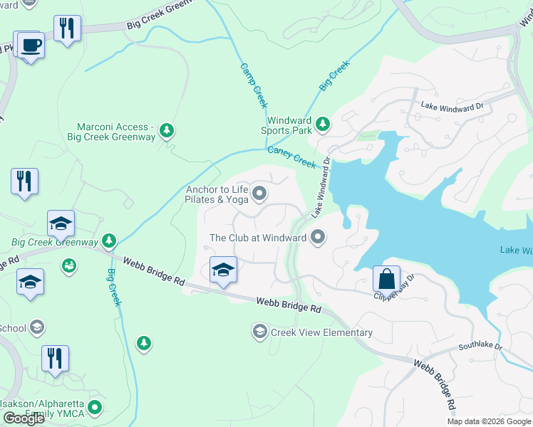 map of restaurants, bars, coffee shops, grocery stores, and more near 735 Willow Overlook in Alpharetta