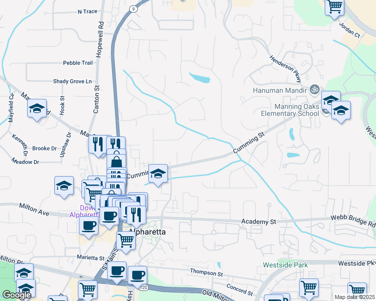 map of restaurants, bars, coffee shops, grocery stores, and more near 130 Cumming Street in Alpharetta