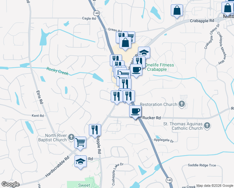 map of restaurants, bars, coffee shops, grocery stores, and more near 300 Sweet Apple Circle in Alpharetta