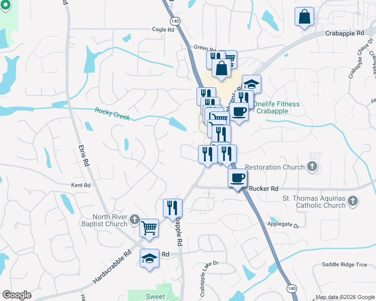 map of restaurants, bars, coffee shops, grocery stores, and more near 2005 Sweet Apple Circle in Roswell