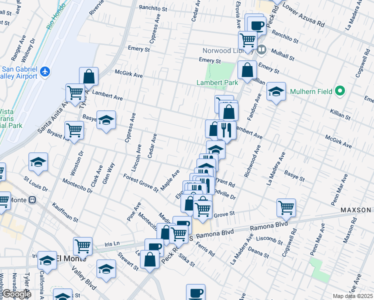 map of restaurants, bars, coffee shops, grocery stores, and more near 11437 Kerrwood Street in El Monte