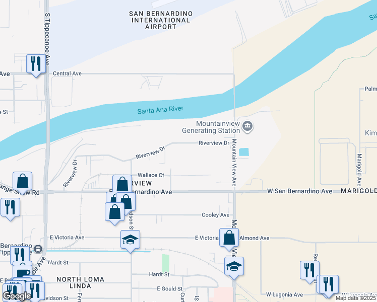 map of restaurants, bars, coffee shops, grocery stores, and more near 1833 Riverview Drive in San Bernardino