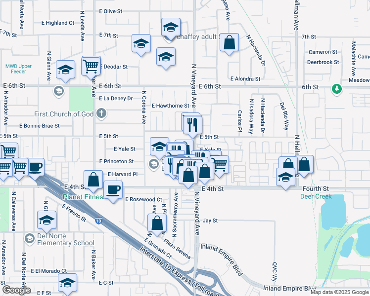 map of restaurants, bars, coffee shops, grocery stores, and more near 1215 North Vineyard Avenue in Ontario