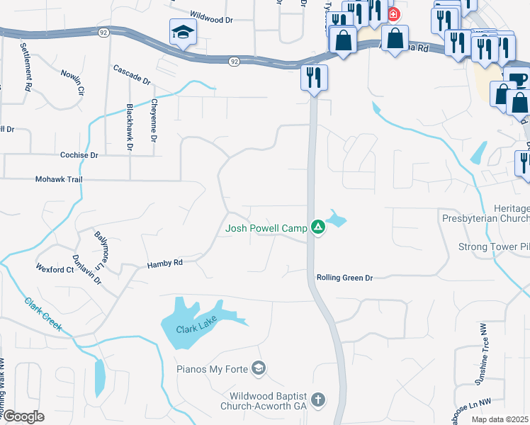 map of restaurants, bars, coffee shops, grocery stores, and more near 5409 Hamby Road in Acworth