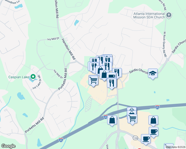 map of restaurants, bars, coffee shops, grocery stores, and more near 2740 Hamilton Mill Road in Buford