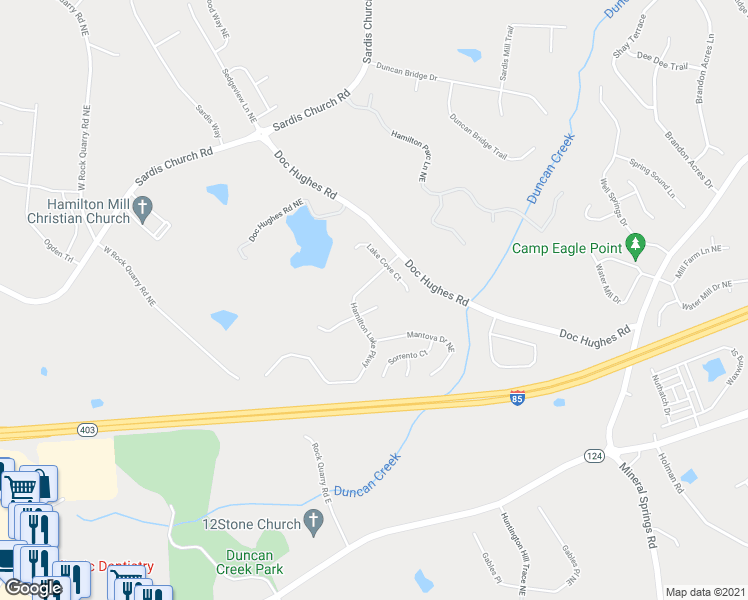 map of restaurants, bars, coffee shops, grocery stores, and more near 4202 Rovello Way Northeast in Buford