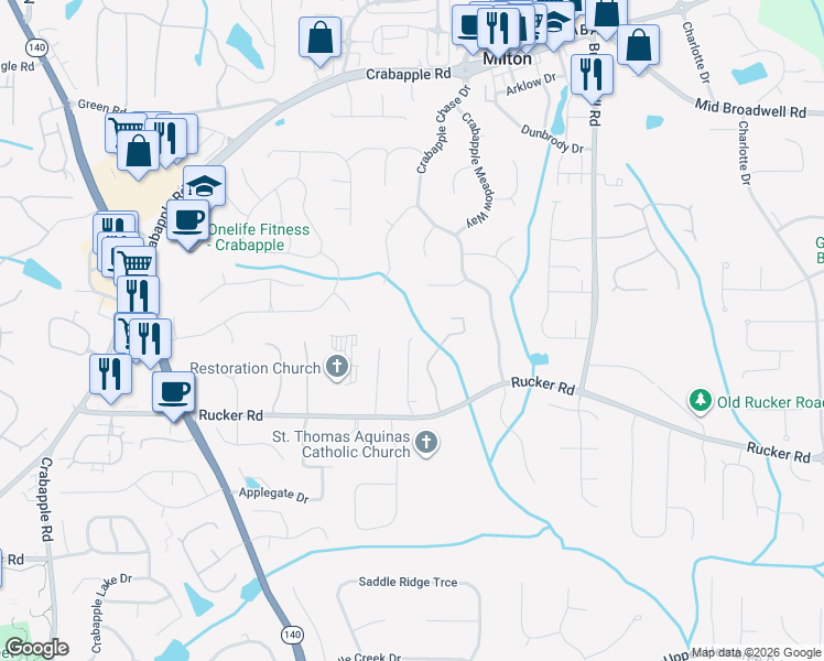 map of restaurants, bars, coffee shops, grocery stores, and more near 12205 Spring Place Lane in Alpharetta