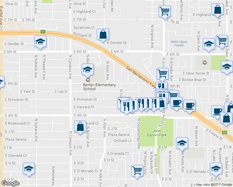 map of restaurants, bars, coffee shops, grocery stores, and more near 950 East Yale Street in Ontario