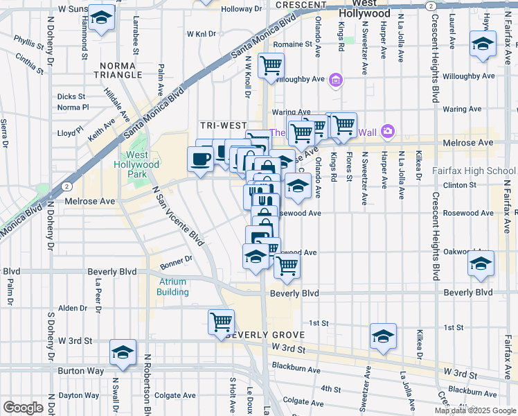 map of restaurants, bars, coffee shops, grocery stores, and more near 463 North La Cienega Boulevard in Los Angeles