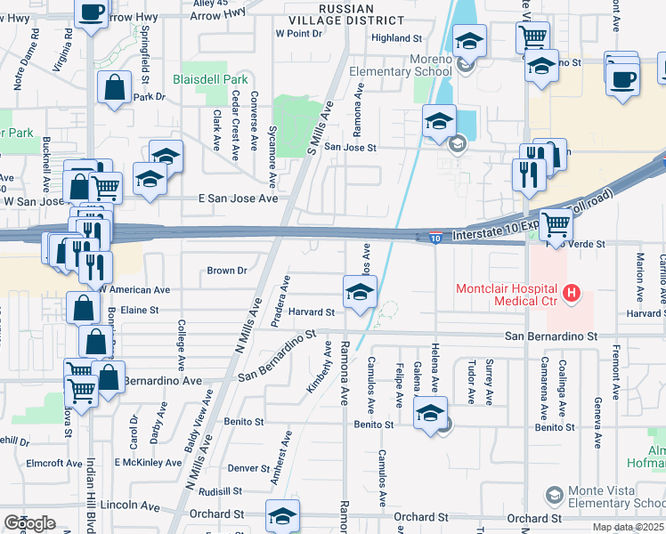 map of restaurants, bars, coffee shops, grocery stores, and more near 4453 Cambridge Street in Montclair