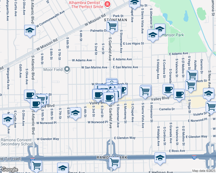map of restaurants, bars, coffee shops, grocery stores, and more near 1217 South Garfield Avenue in Alhambra