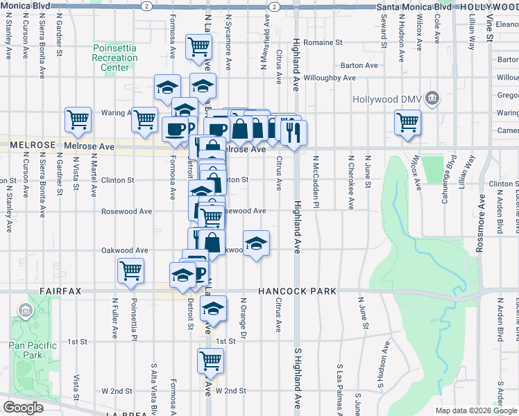 map of restaurants, bars, coffee shops, grocery stores, and more near 457 North Mansfield Avenue in Los Angeles