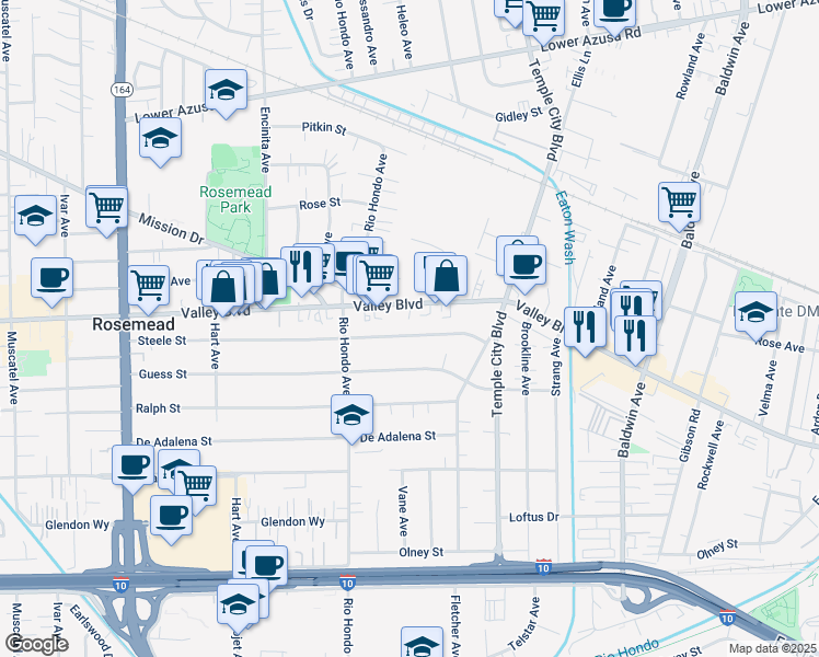 map of restaurants, bars, coffee shops, grocery stores, and more near 9501 Steele Street in Rosemead