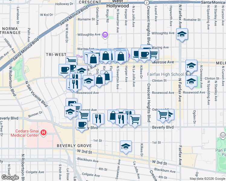 map of restaurants, bars, coffee shops, grocery stores, and more near 506 Flores Street in West Hollywood