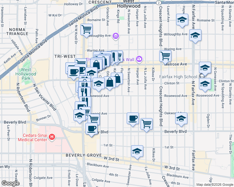 map of restaurants, bars, coffee shops, grocery stores, and more near 469 North Kings Road in Los Angeles