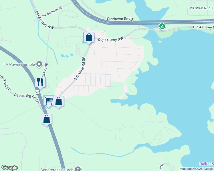 map of restaurants, bars, coffee shops, grocery stores, and more near 166 Oak Beach Drive Southeast in Acworth