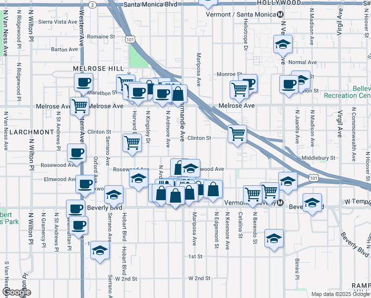 map of restaurants, bars, coffee shops, grocery stores, and more near 546 North Normandie Avenue in Los Angeles