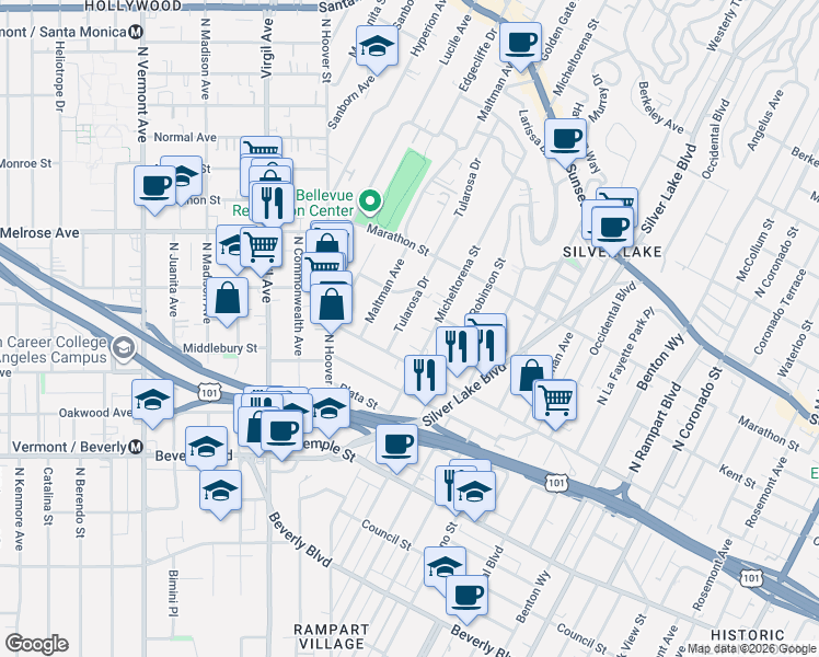 map of restaurants, bars, coffee shops, grocery stores, and more near 623 Micheltorena Street in Los Angeles