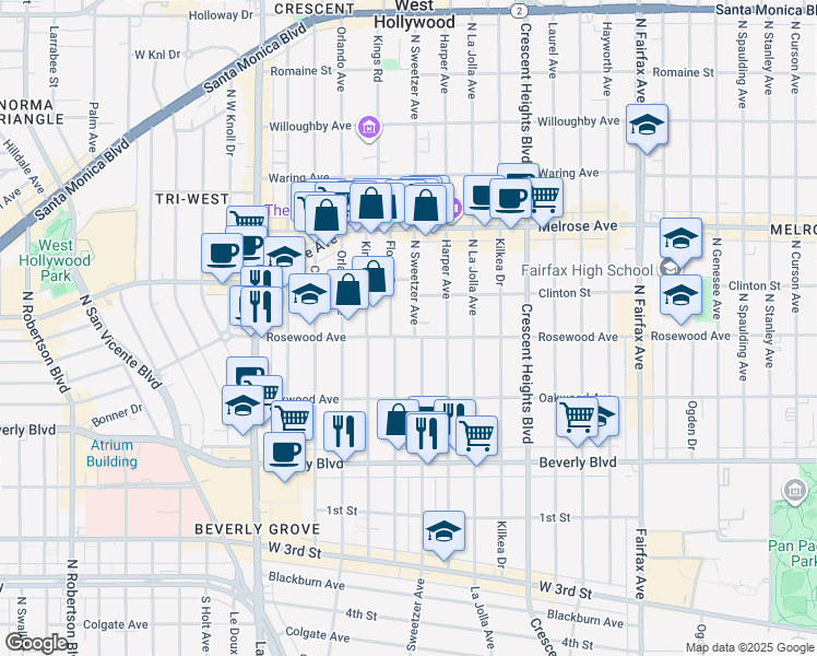 map of restaurants, bars, coffee shops, grocery stores, and more near 511 North Sweetzer Avenue in West Hollywood