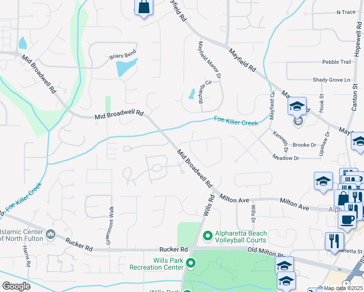 map of restaurants, bars, coffee shops, grocery stores, and more near 1605 Broadwell Oaks Drive in Alpharetta