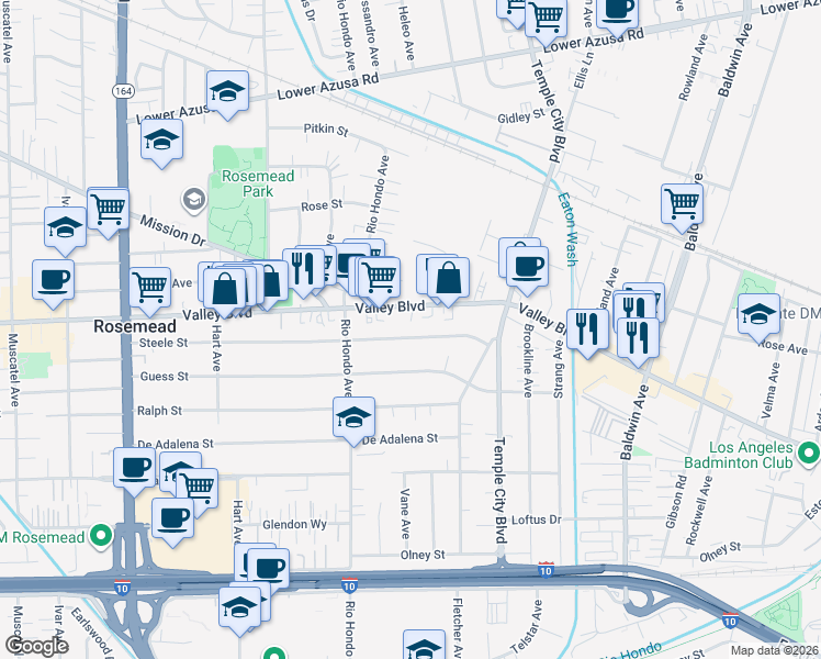 map of restaurants, bars, coffee shops, grocery stores, and more near 9504 Steele Street in Rosemead