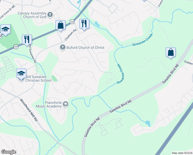 map of restaurants, bars, coffee shops, grocery stores, and more near 3695 Suwanee Mill Drive Northeast in Buford