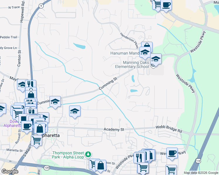 map of restaurants, bars, coffee shops, grocery stores, and more near 12345 Clairmonte Avenue in Alpharetta