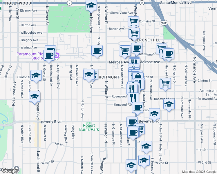 map of restaurants, bars, coffee shops, grocery stores, and more near 5057 West Maplewood Avenue in Los Angeles