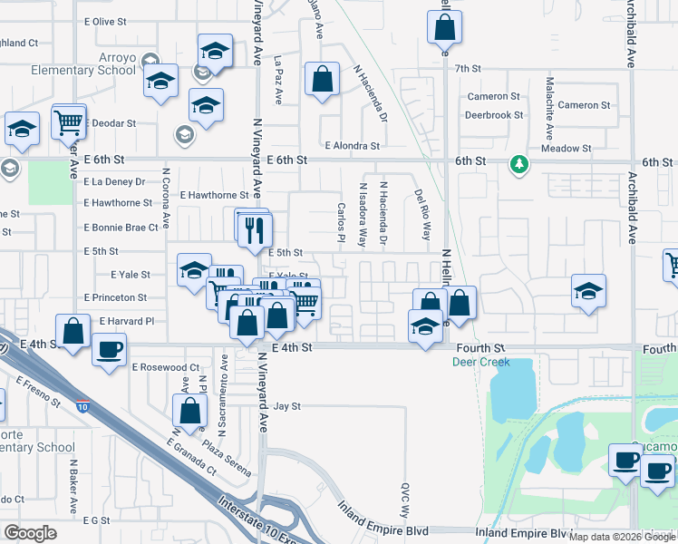map of restaurants, bars, coffee shops, grocery stores, and more near 2047 East Yale Street in Ontario