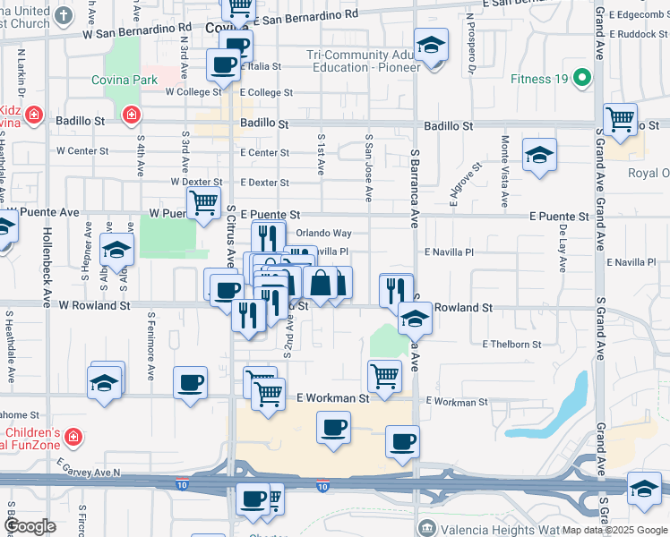 map of restaurants, bars, coffee shops, grocery stores, and more near 504 South 1st Avenue in Covina