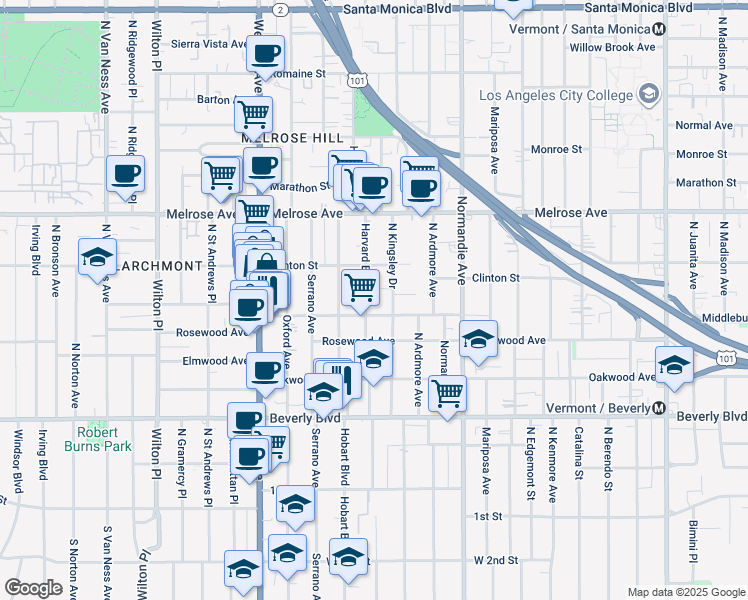 map of restaurants, bars, coffee shops, grocery stores, and more near 516 North Harvard Boulevard in Los Angeles