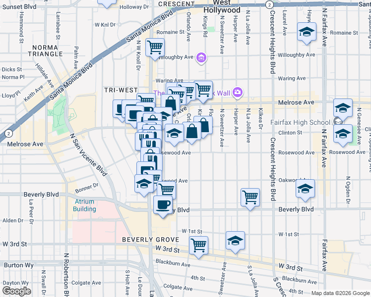 map of restaurants, bars, coffee shops, grocery stores, and more near 468 North Croft Avenue in Los Angeles