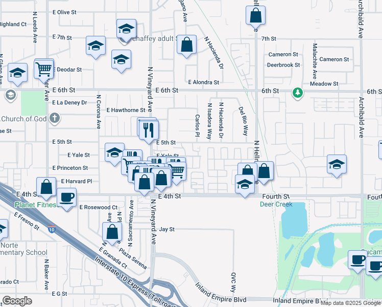 map of restaurants, bars, coffee shops, grocery stores, and more near 2037 East Yale Street in Ontario