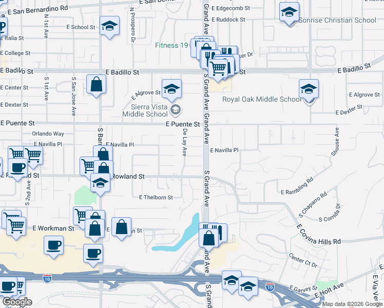 map of restaurants, bars, coffee shops, grocery stores, and more near 19328 East Casad Avenue in Covina