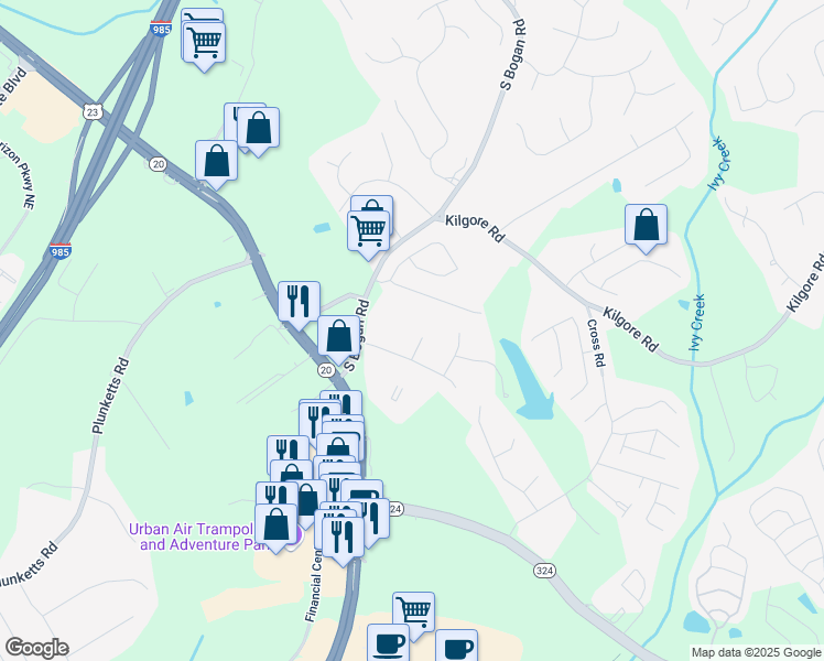 map of restaurants, bars, coffee shops, grocery stores, and more near 1970 Wessington Court in Buford