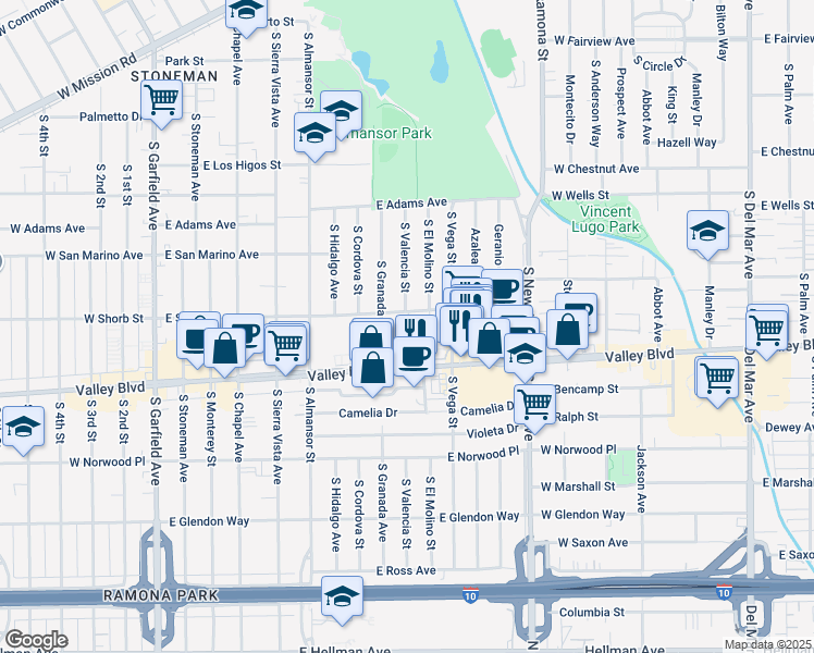 map of restaurants, bars, coffee shops, grocery stores, and more near 999 East Valley Boulevard in Alhambra