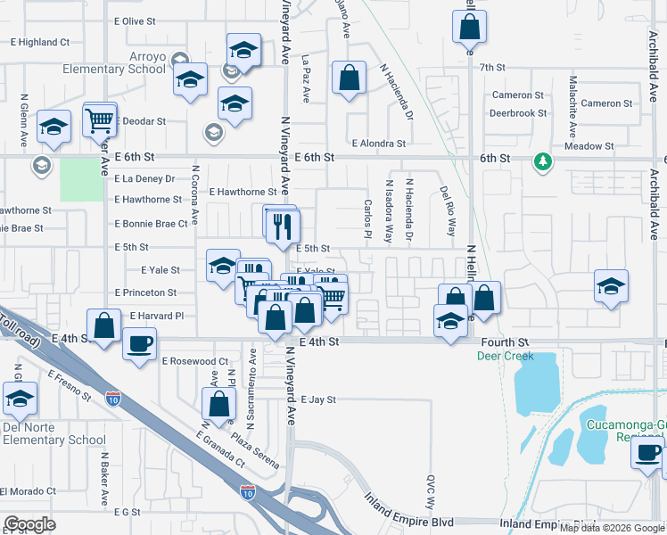 map of restaurants, bars, coffee shops, grocery stores, and more near 2002 East Yale Street in Ontario