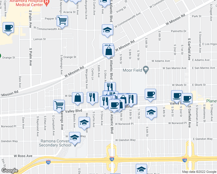 map of restaurants, bars, coffee shops, grocery stores, and more near 1103 South Olive Avenue in Alhambra