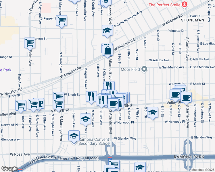 map of restaurants, bars, coffee shops, grocery stores, and more near 1103 South Olive Avenue in Alhambra