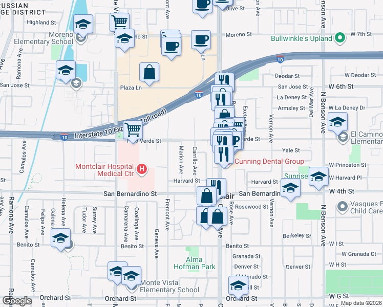 map of restaurants, bars, coffee shops, grocery stores, and more near 9548 Carrillo Avenue in Montclair
