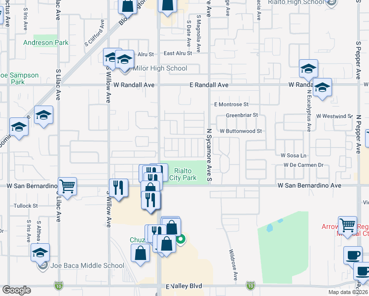 map of restaurants, bars, coffee shops, grocery stores, and more near 1210 North Sycamore Avenue South in Colton