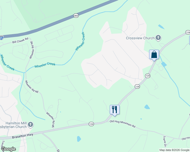 map of restaurants, bars, coffee shops, grocery stores, and more near 4817 Ardmore Lane Northeast in Hoschton