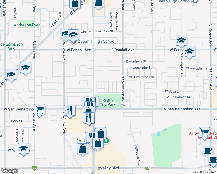 map of restaurants, bars, coffee shops, grocery stores, and more near 1155 South Riverside Avenue in Rialto