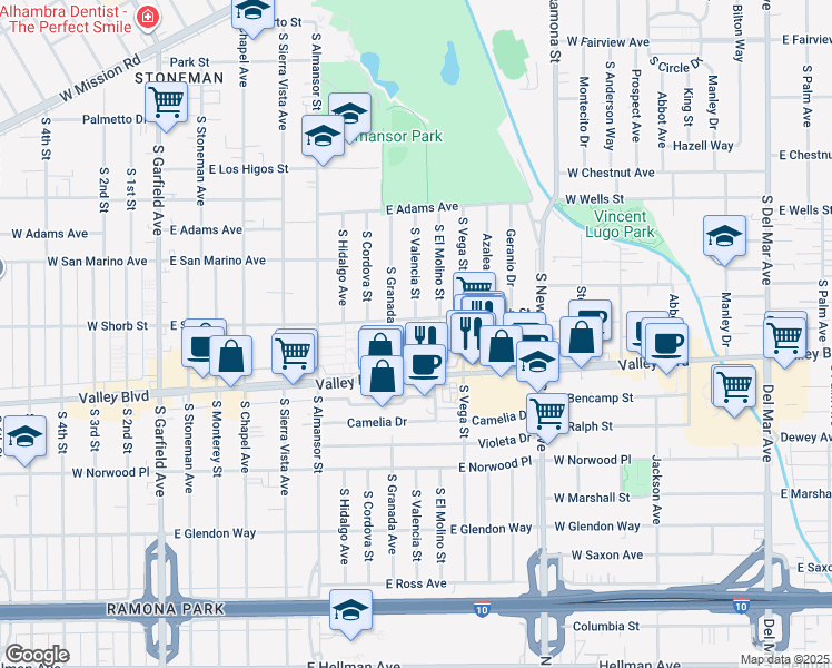 map of restaurants, bars, coffee shops, grocery stores, and more near 999 East Valley Boulevard in Alhambra