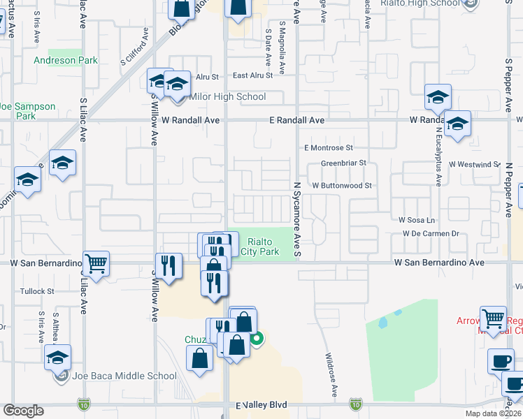 map of restaurants, bars, coffee shops, grocery stores, and more near 1155 South Riverside Avenue in Rialto