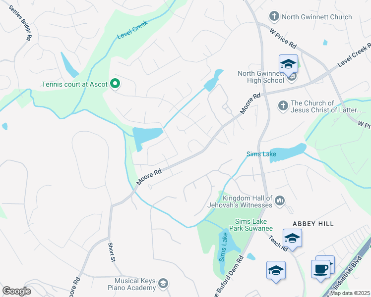map of restaurants, bars, coffee shops, grocery stores, and more near 4881 Belle Estates Road in Suwanee