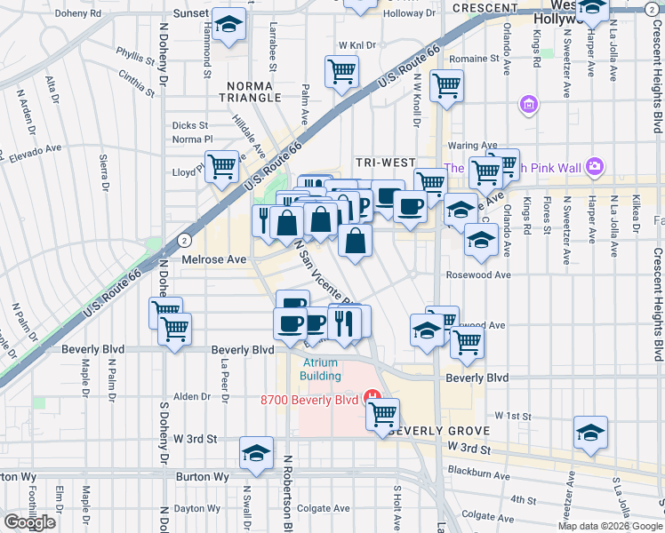 map of restaurants, bars, coffee shops, grocery stores, and more near 507 Norwich Drive in West Hollywood