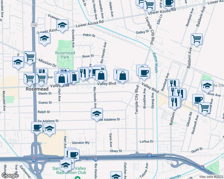 map of restaurants, bars, coffee shops, grocery stores, and more near 9501 Steele Street in Rosemead