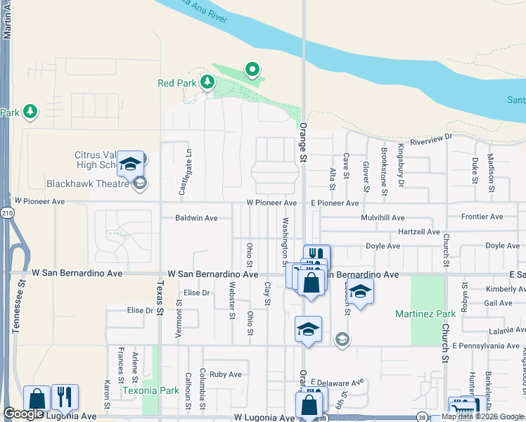 map of restaurants, bars, coffee shops, grocery stores, and more near 1724 Clay Street in Redlands
