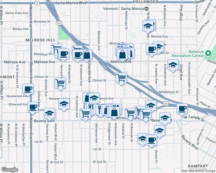 map of restaurants, bars, coffee shops, grocery stores, and more near 528 North Alexandria Avenue in Los Angeles